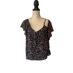 No Less Than Floral Cold Shoulder Ruffle Blouse Black Motif TNLT258 Small NWT